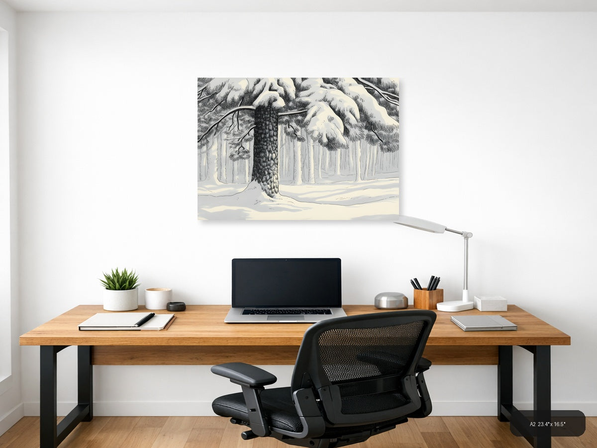 Winter Forest Snow Line Art Landscape Wall Art — A2 / Office