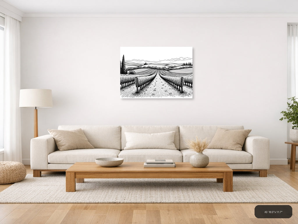 Tuscan Vineyard Landscape Line Art Wall Art — A3 / Living Room