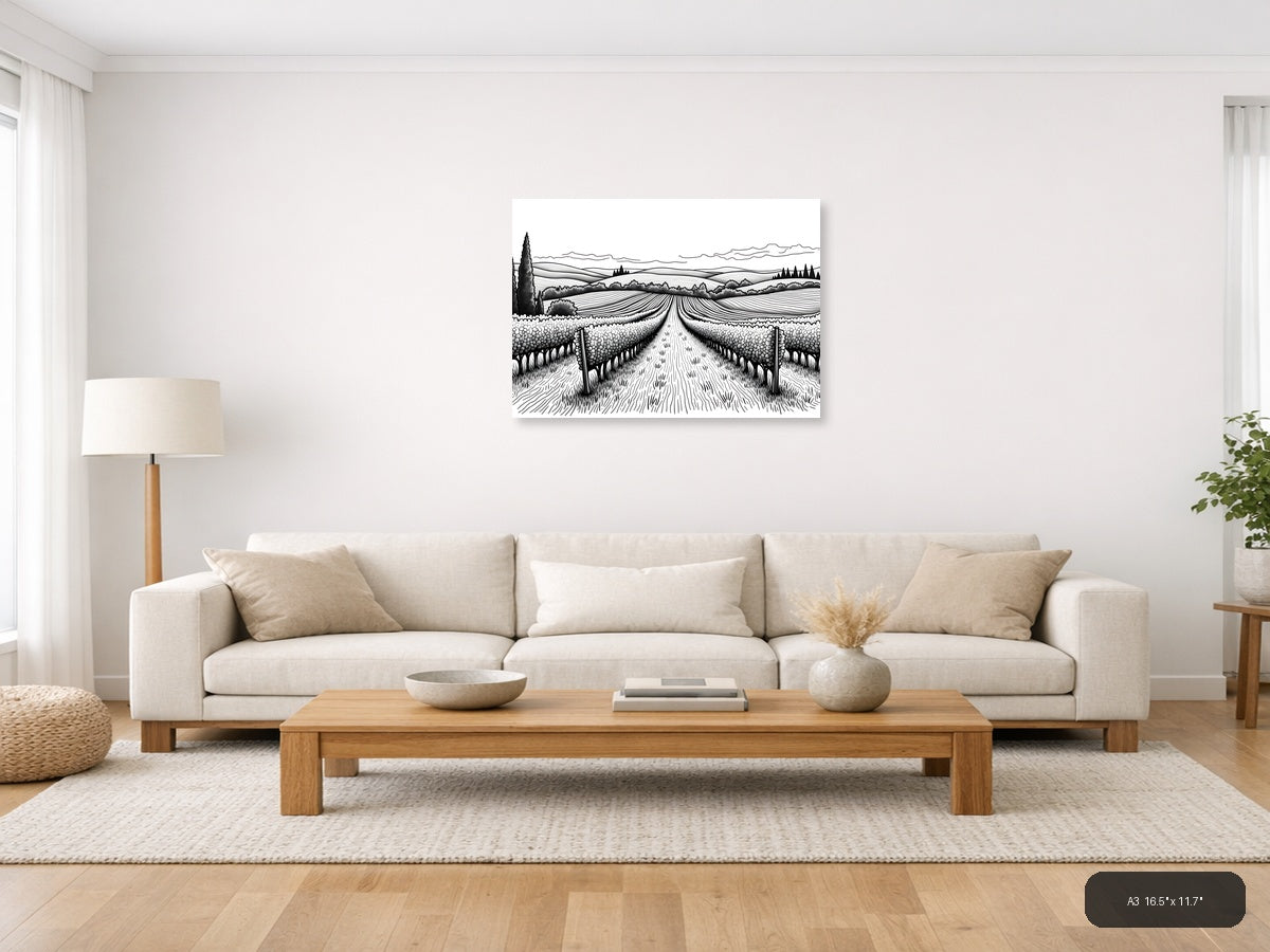 Tuscan Vineyard Landscape Line Art Wall Art — A3 / Living Room