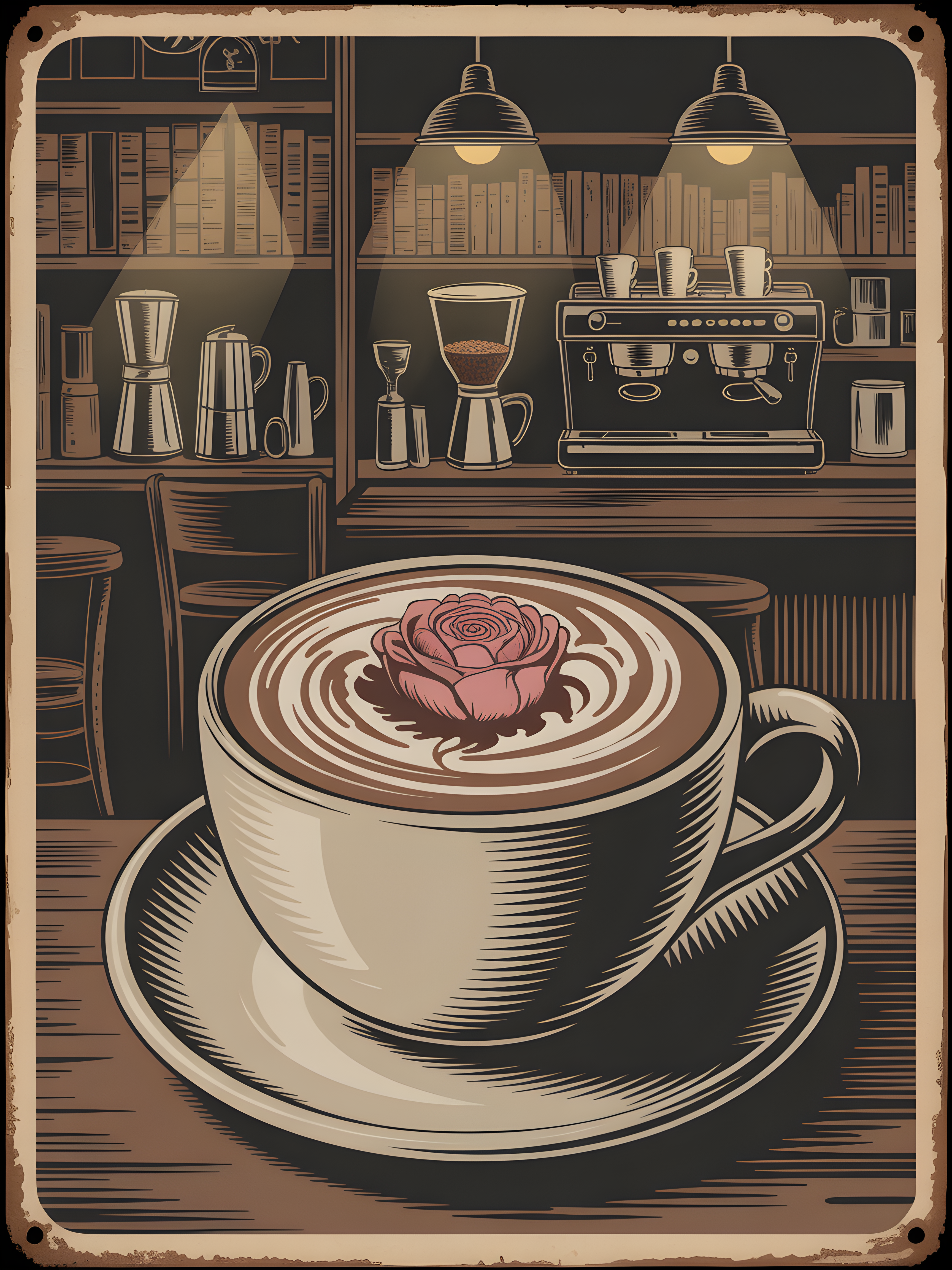 Vintage Coffee Shop Latte Art Rose Wall Art