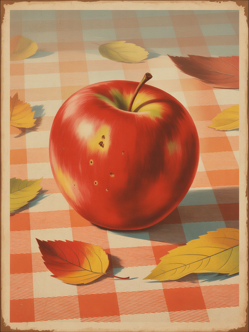 Red Apple with Autumn Leaves Vintage Checkered Wall Art
