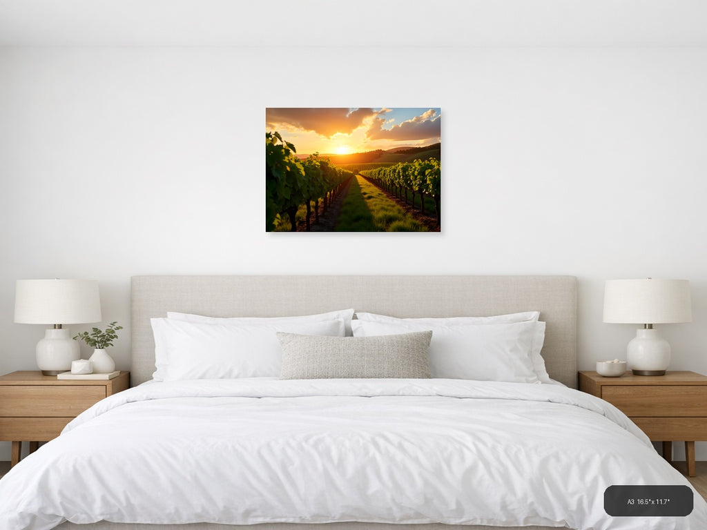 Golden Sunset Over Vineyard Rows Photography Wall Art — A3 / Bedroom