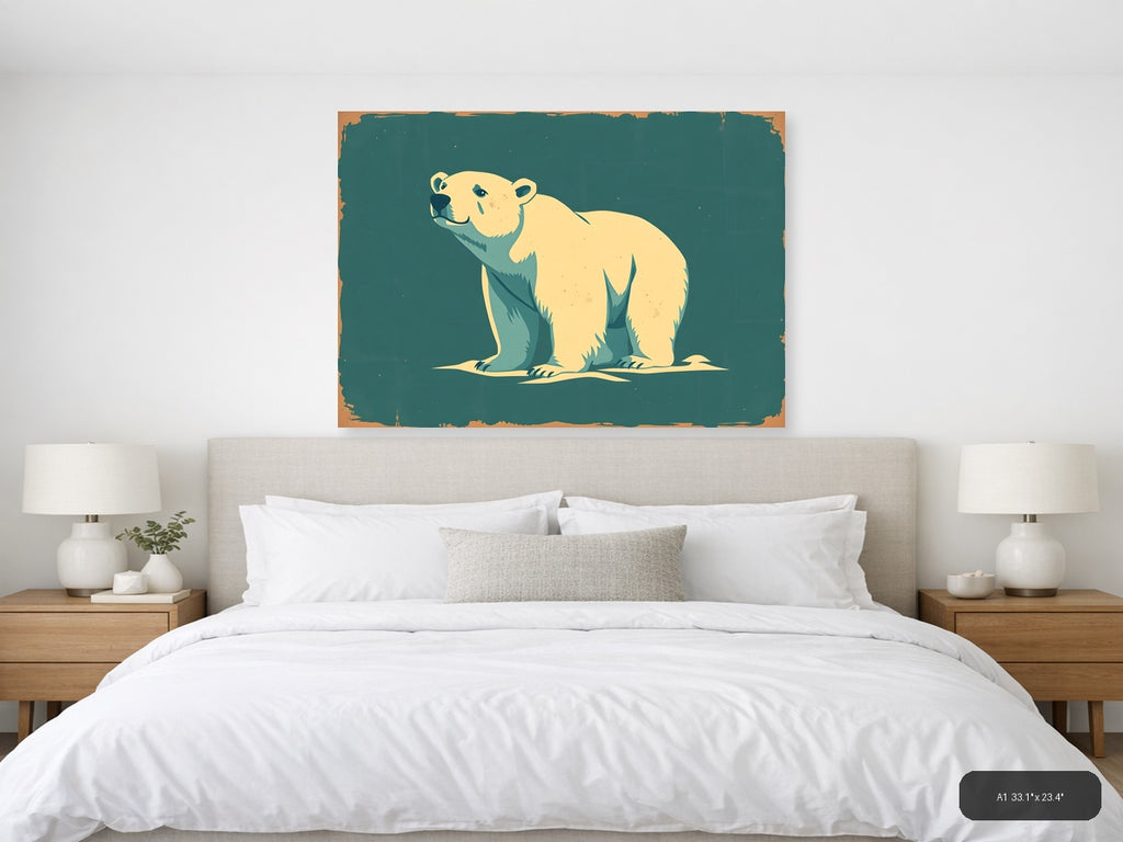 Vintage Polar Bear Illustration Teal Wall Art — A1 / Bedroom