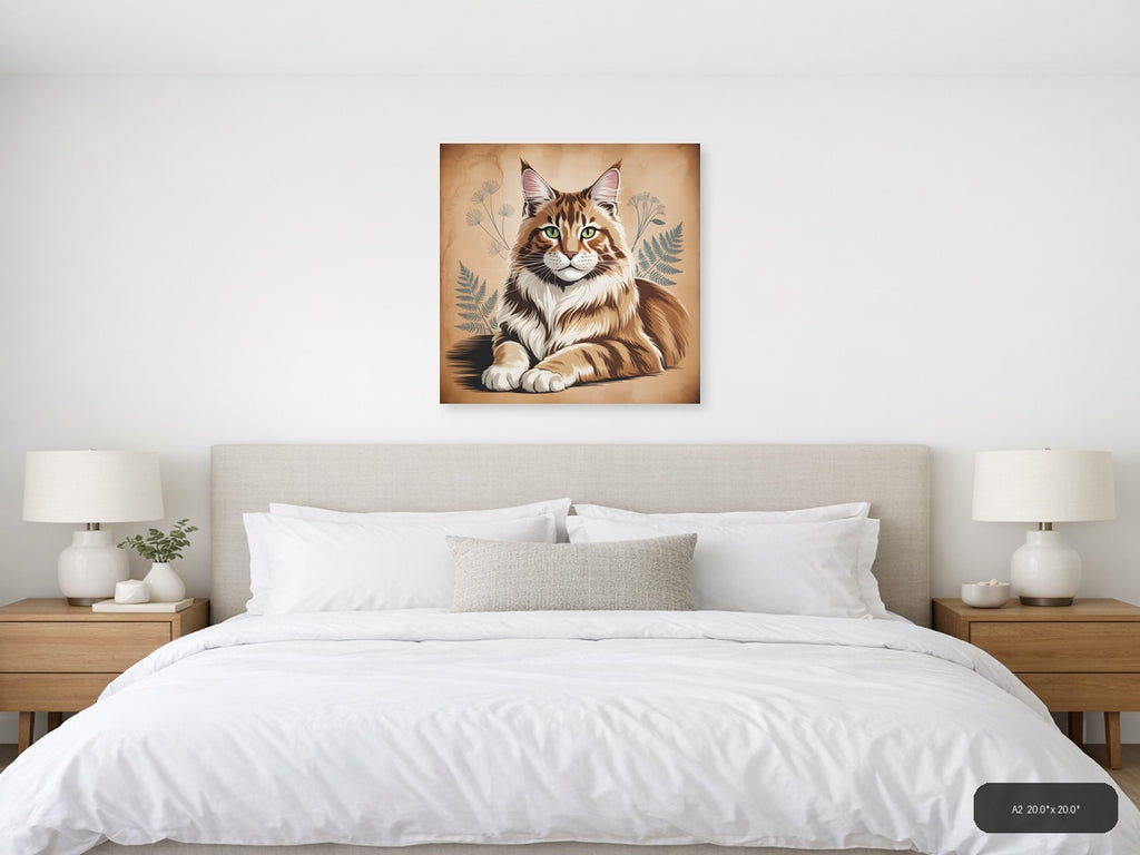 Maine Coon Cat with Botanical Plants Vintage Wall Art — A2 / Bedroom