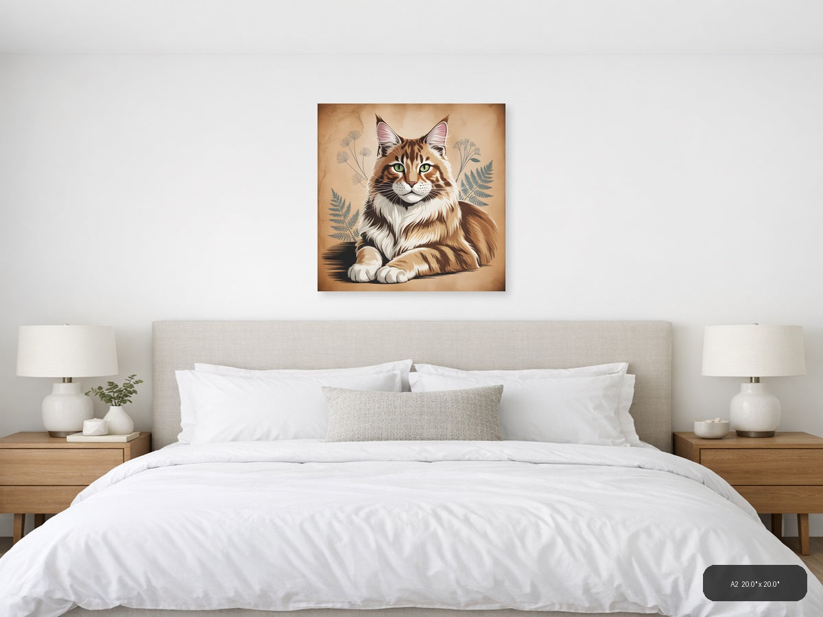 Maine Coon Cat with Botanical Plants Vintage Wall Art — A2 / Bedroom