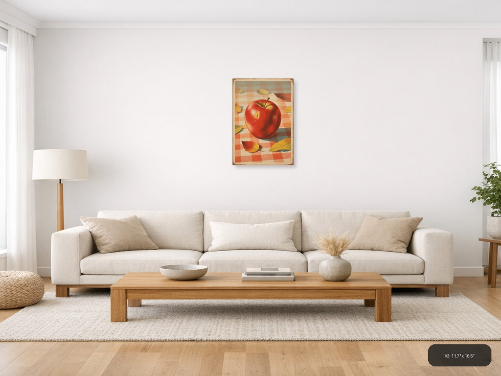 Red Apple with Autumn Leaves Vintage Checkered Wall Art — A3 / Living Room