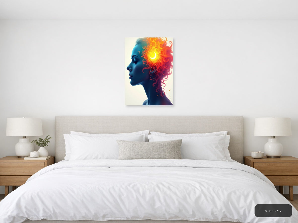 Blue Profile with Fiery Cosmic Energy Abstract Wall Art — A2 / Bedroom