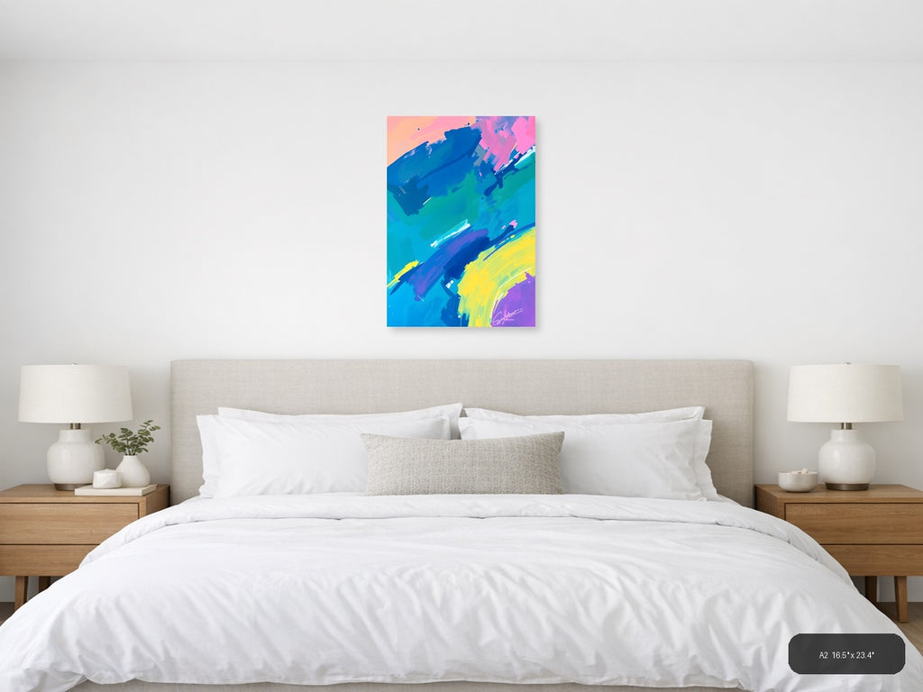 Vibrant Abstract Brushstrokes Neon Blue Pink Yellow Wall Art — A2 / Bedroom
