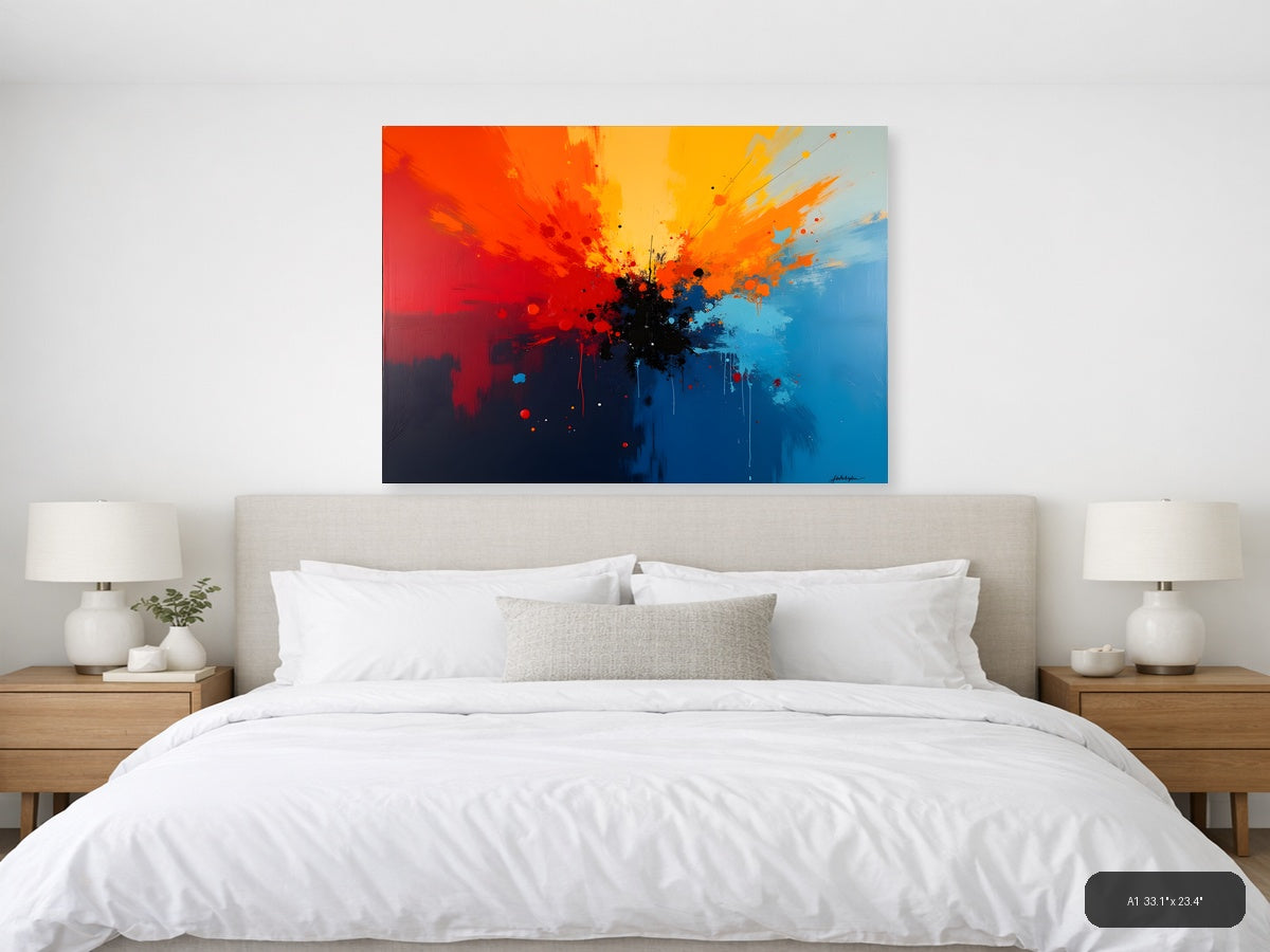 Abstract Explosion Blue Orange Red Splatter Wall Art — A1 / Bedroom