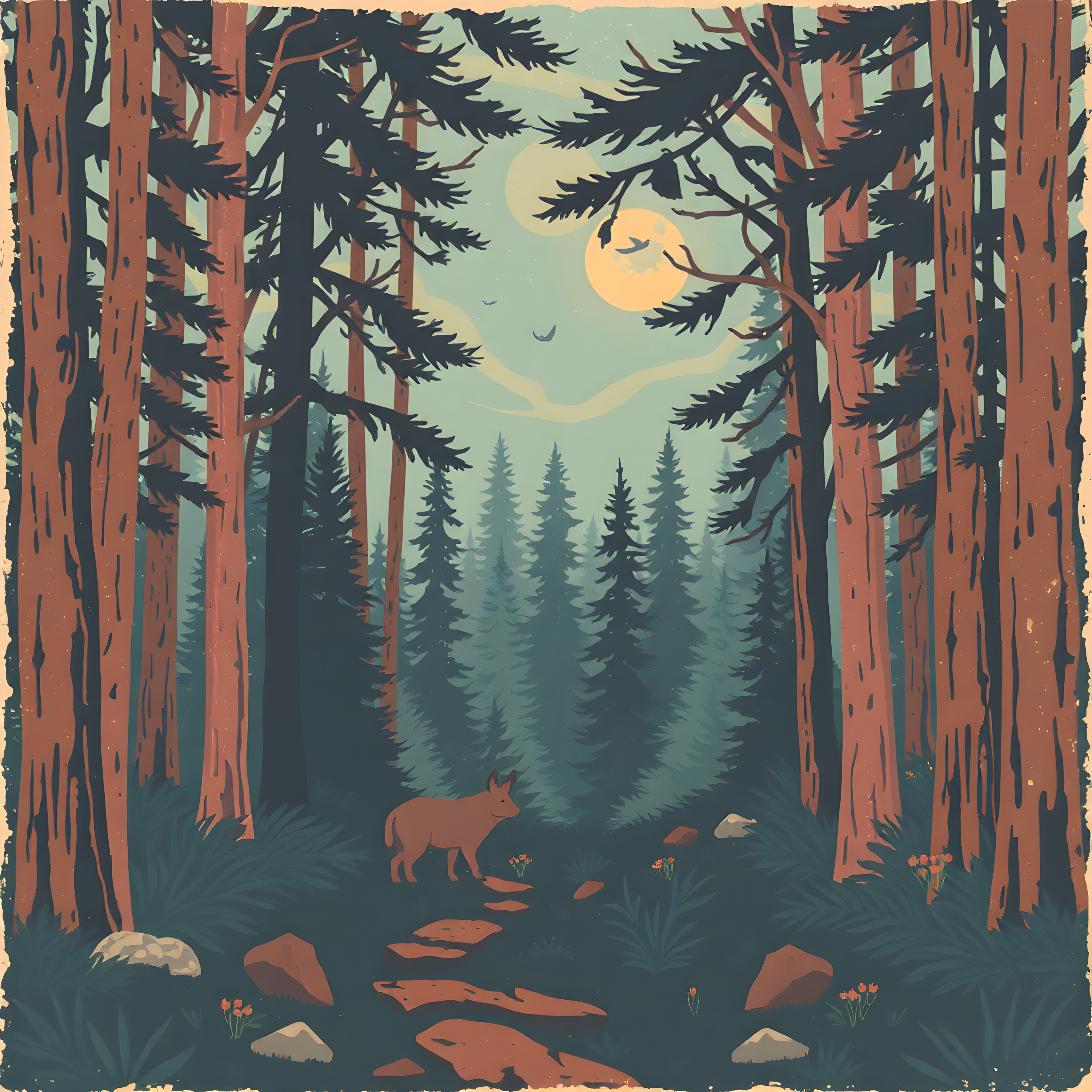 Vintage Forest Moon Deer Path Wall Art