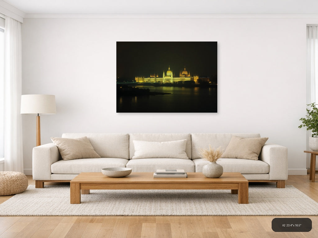 Golden Parliament Building Night Reflection | Minimalist Landscape Wall Art — A2 (Living Room)