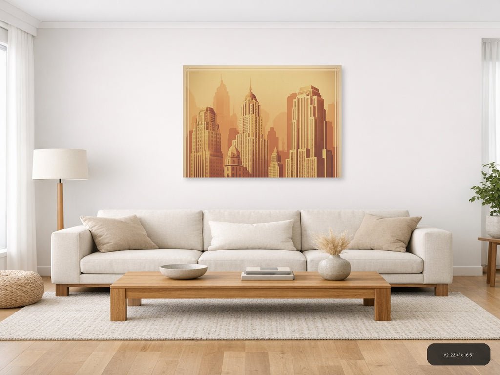 Vintage Art Deco Skyline - Golden City Towers Wall Art — A2 / Living Room