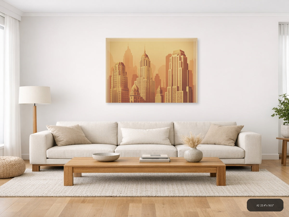 Vintage Art Deco Skyline - Golden City Towers Wall Art — A2 / Living Room
