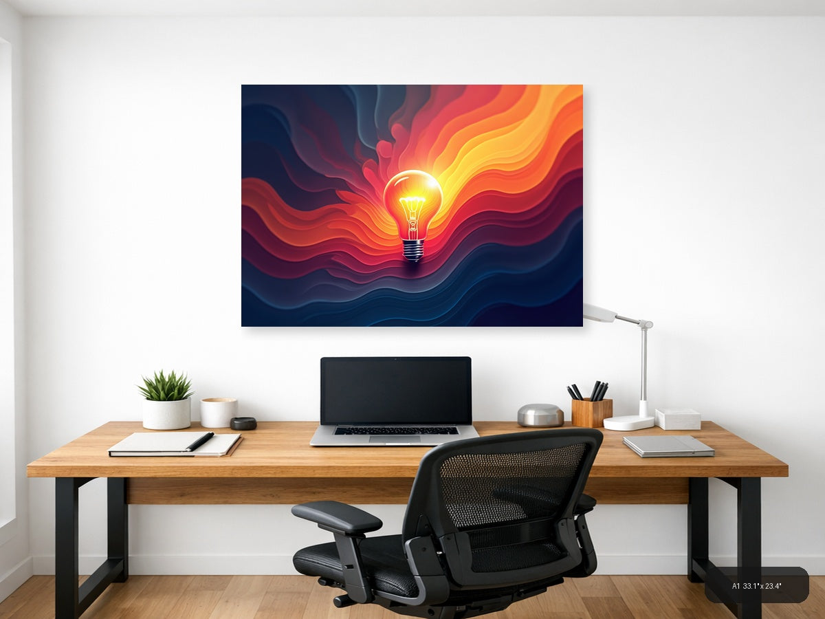 Glowing Lightbulb with Fiery Waves Abstract Art Wall Art — A1 (Office)
