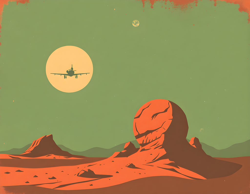 Vintage Mars Landscape Aircraft Silhouette Wall Art