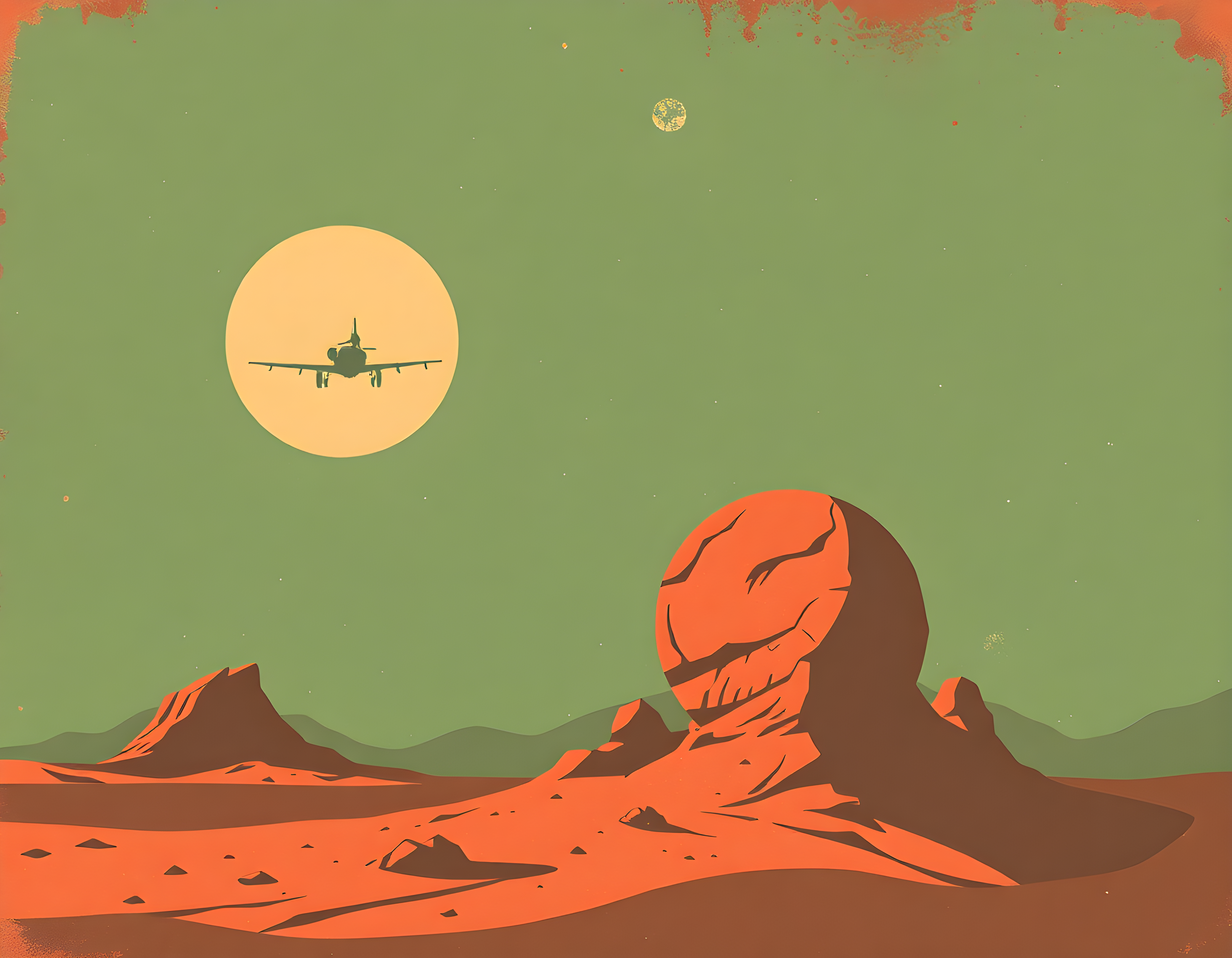 Vintage Mars Landscape Aircraft Silhouette Wall Art