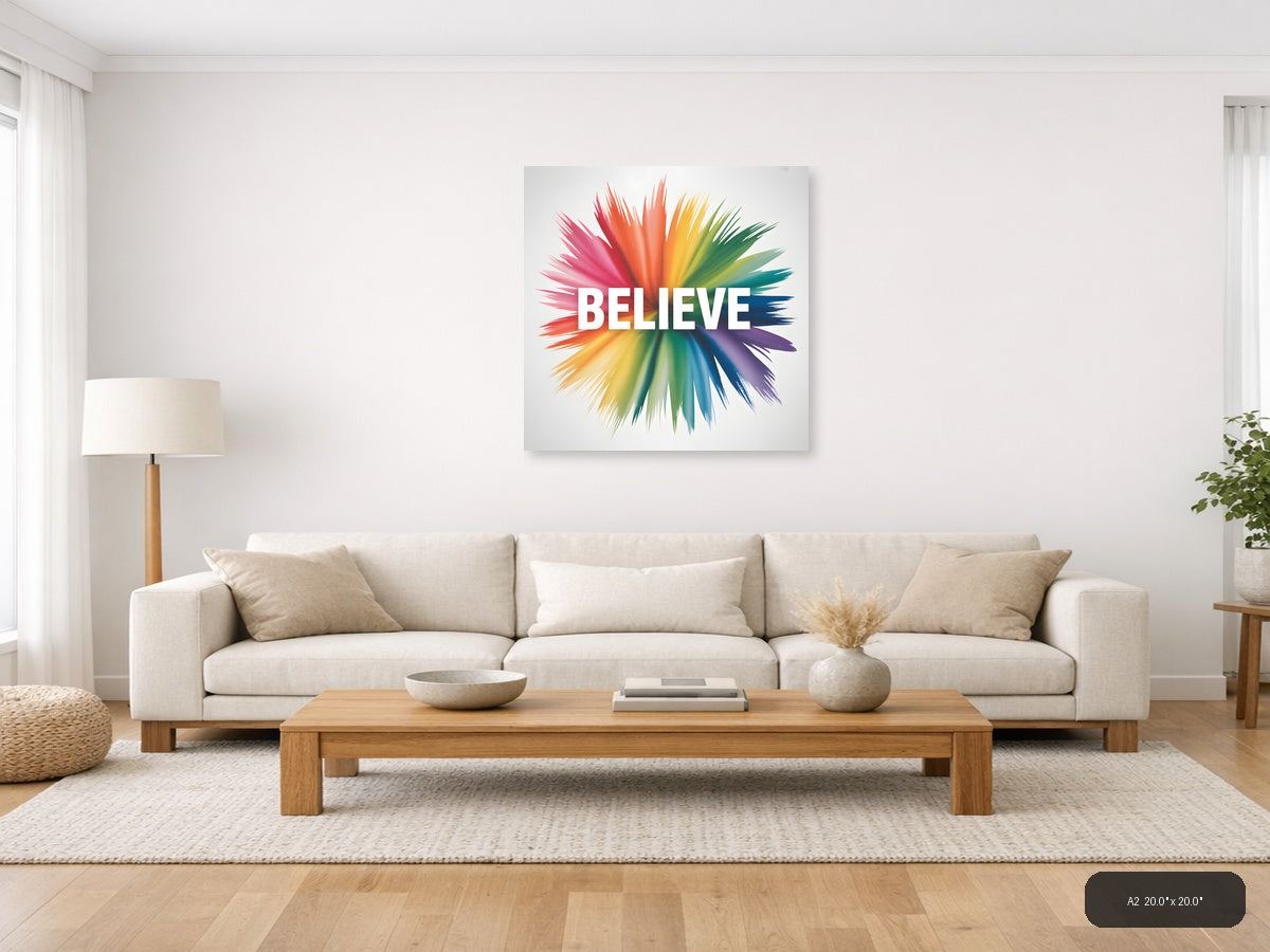 Believe Watercolor Rainbow Burst Square Wall Art — A2 / Living Room