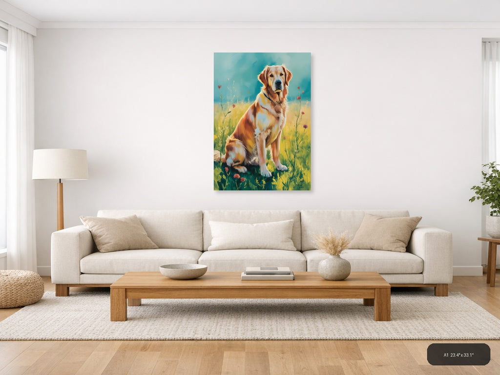 Golden Retriever in Wildflower Field Abstract Wall Art — A1 / Living Room