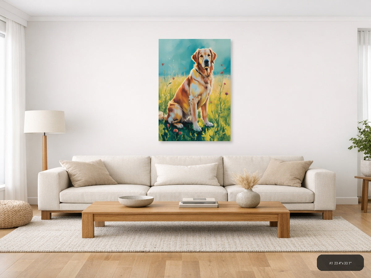 Golden Retriever in Wildflower Field Abstract Wall Art — A1 / Living Room
