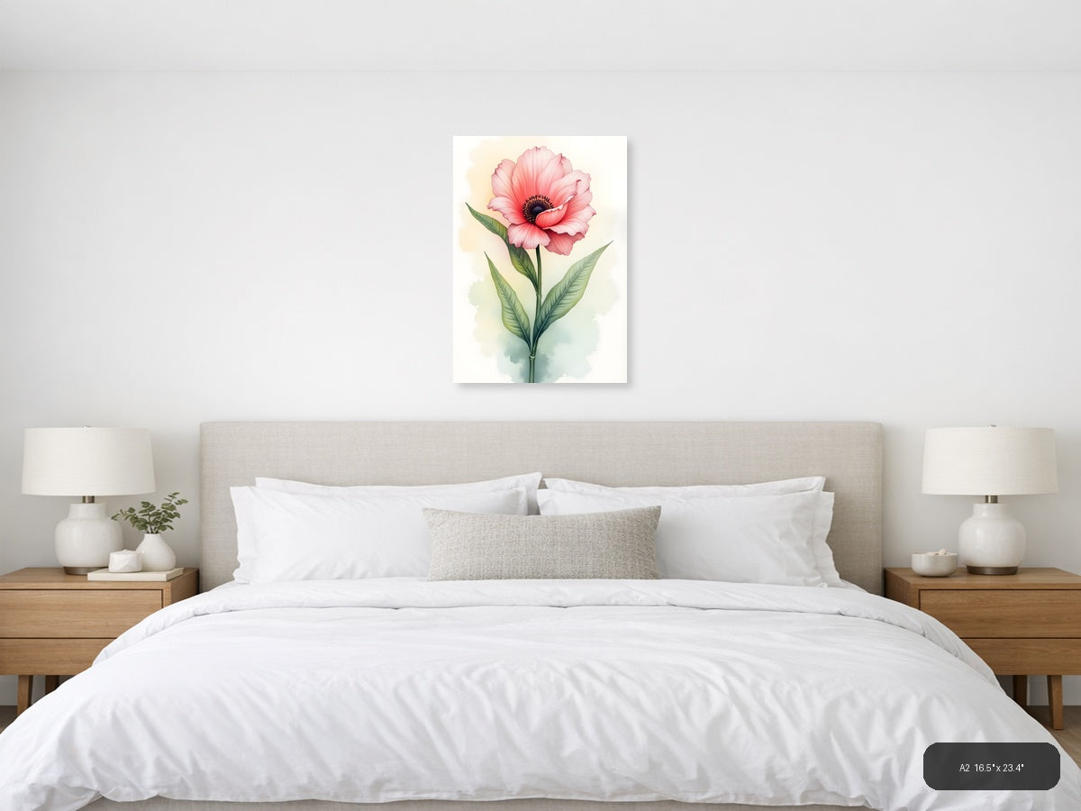 Pink Gerbera Flower Watercolor Portrait Wall Art — A2 / Bedroom