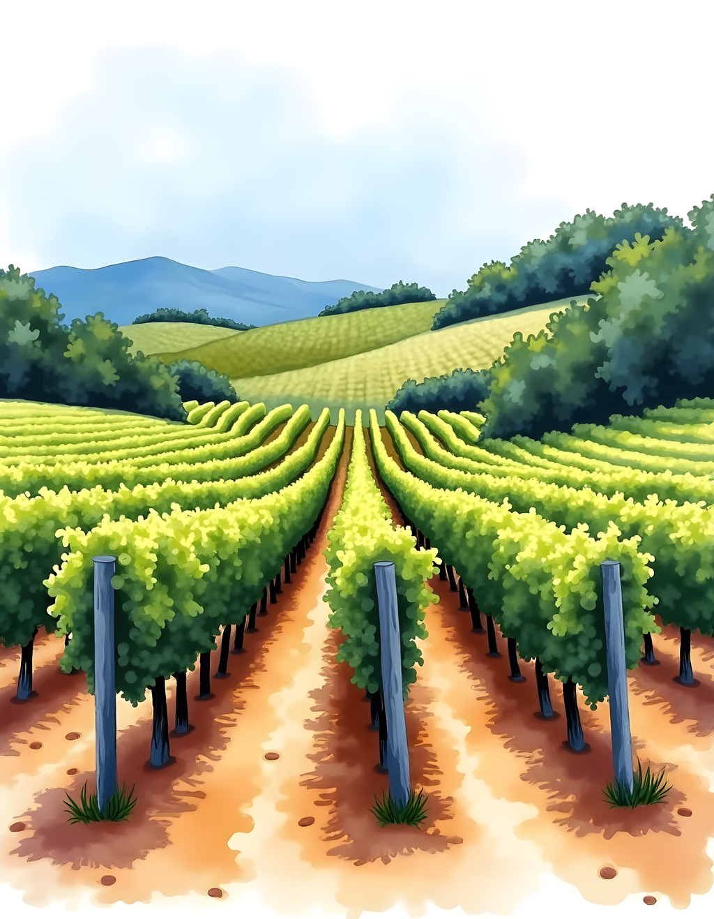 Vineyard Rows Watercolor Landscape Wall Art