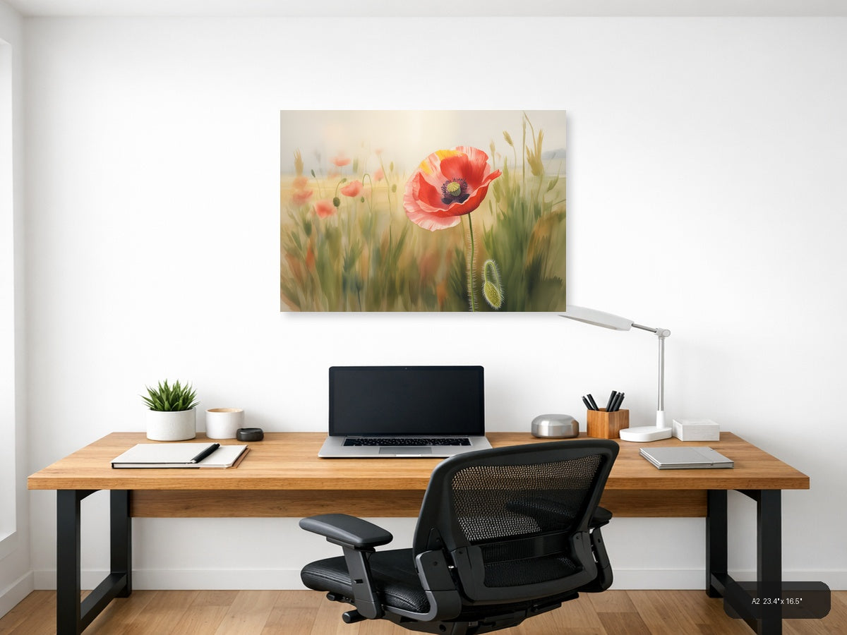 Red Poppy Wildflower Watercolor Landscape Wall Art — A2 / Office