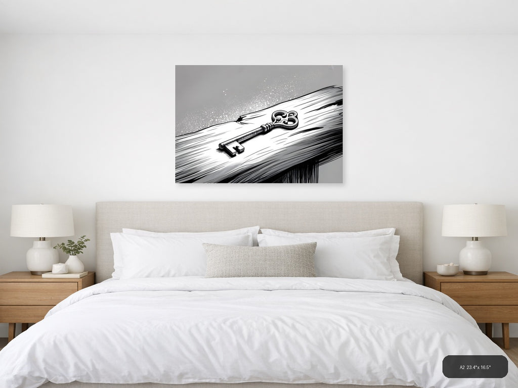 Ornate Key on Wood Line Art Wall Art — A2 / Bedroom