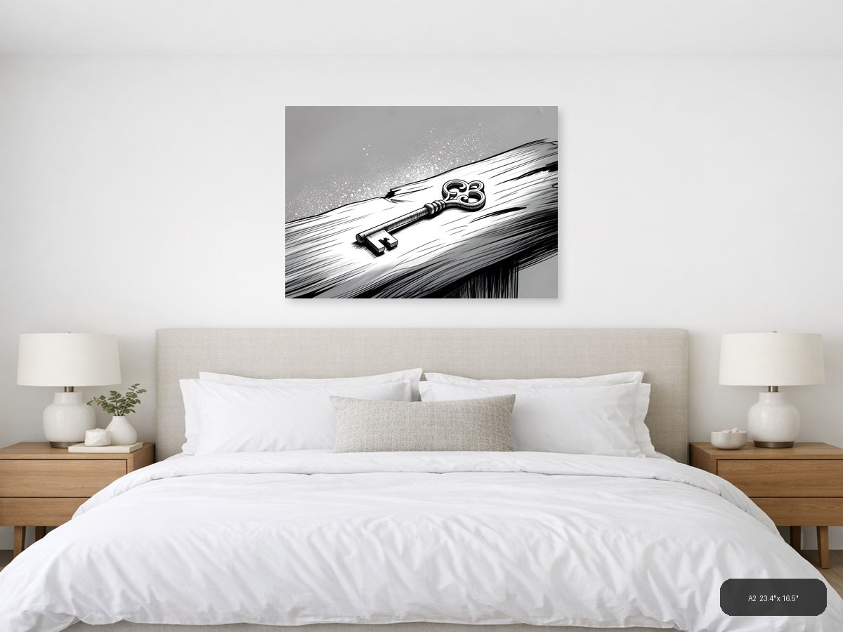 Ornate Key on Wood Line Art Wall Art — A2 / Bedroom
