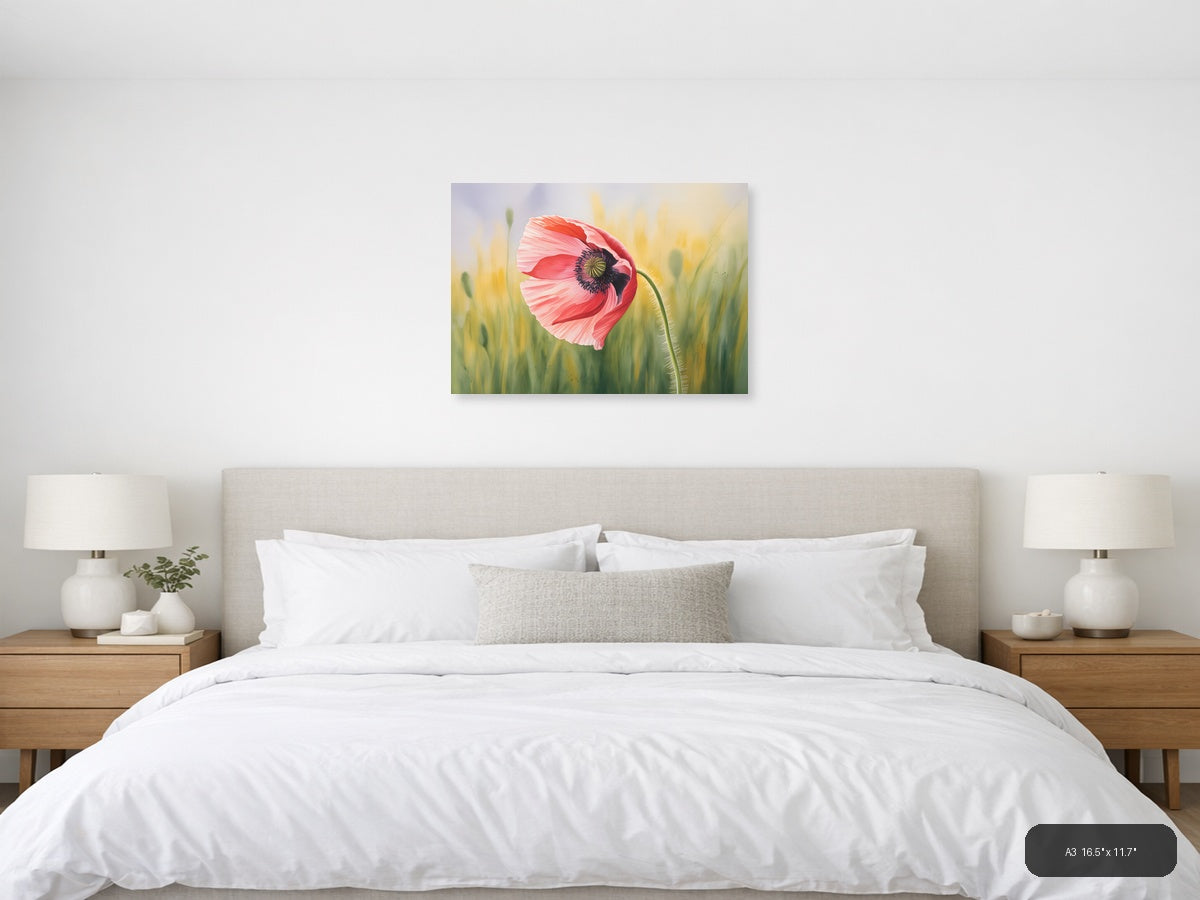 Pink Poppy Watercolor Flower Field Wall Art — A3 / Bedroom