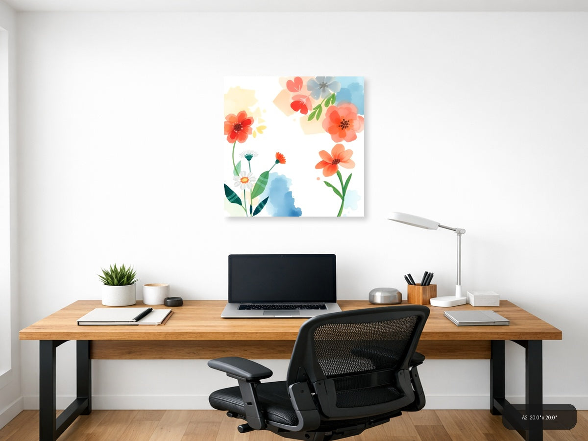 Watercolor Floral Garden with Red & Orange Blooms Wall Art — A2 / Office