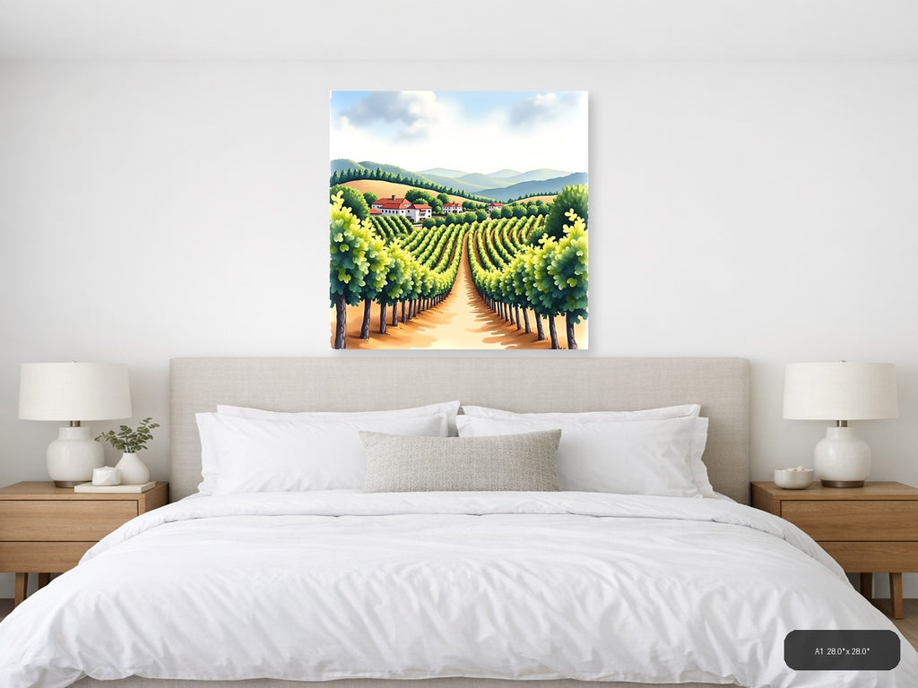 Tuscan Vineyard Watercolor Landscape Wall Art — A1 / Bedroom