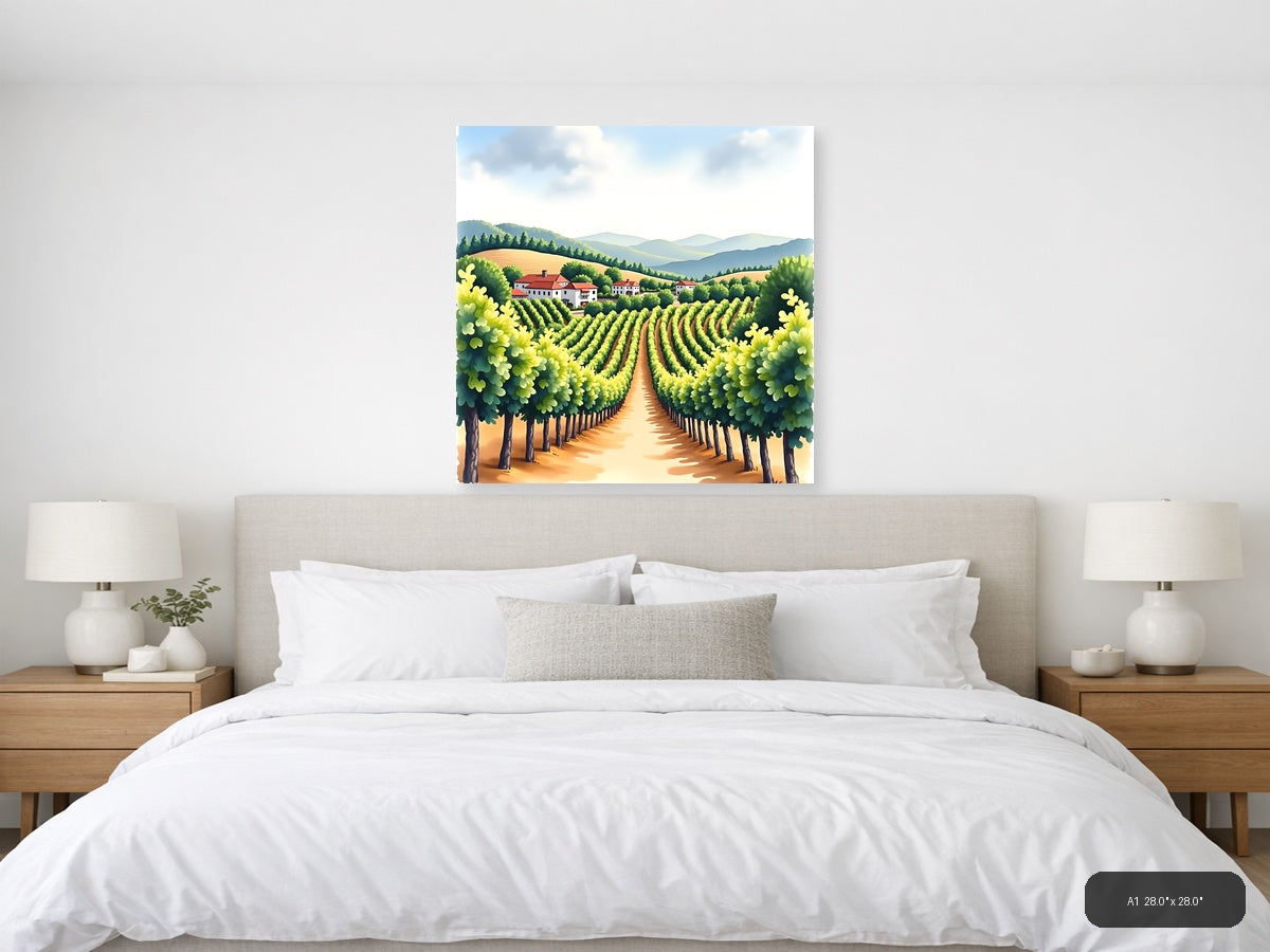 Tuscan Vineyard Watercolor Landscape Wall Art — A1 / Bedroom
