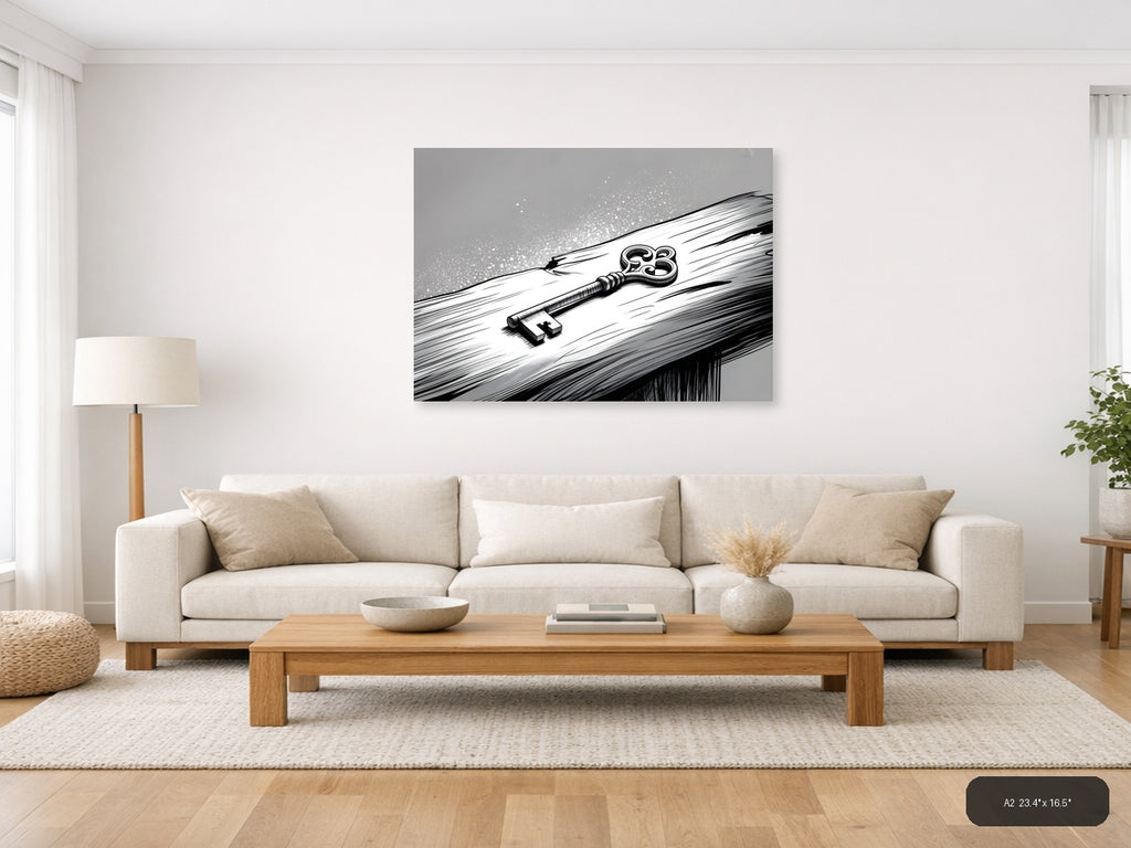 Ornate Key on Wood Line Art Wall Art — A2 / Living Room