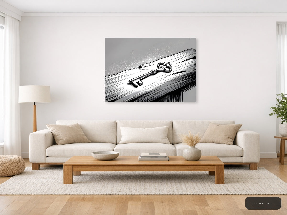 Ornate Key on Wood Line Art Wall Art — A2 / Living Room