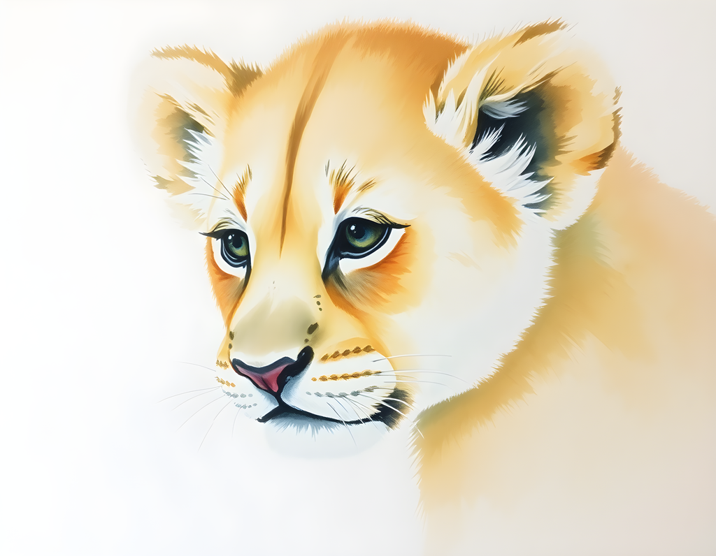 Young Lion Cub Watercolor Portrait Wall Art