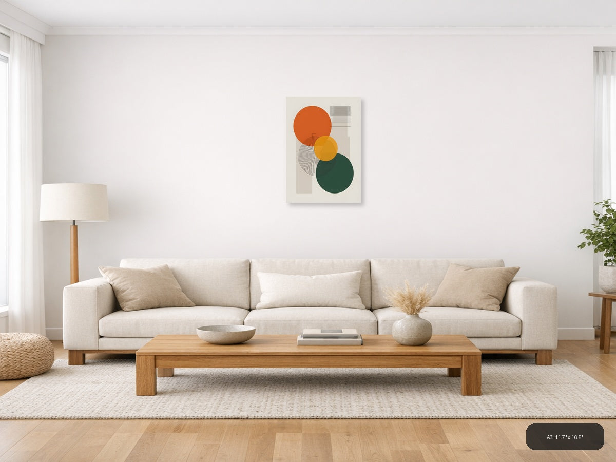 Minimalist Geometric Circles Orange Yellow Green Wall Art — A3 / Living Room