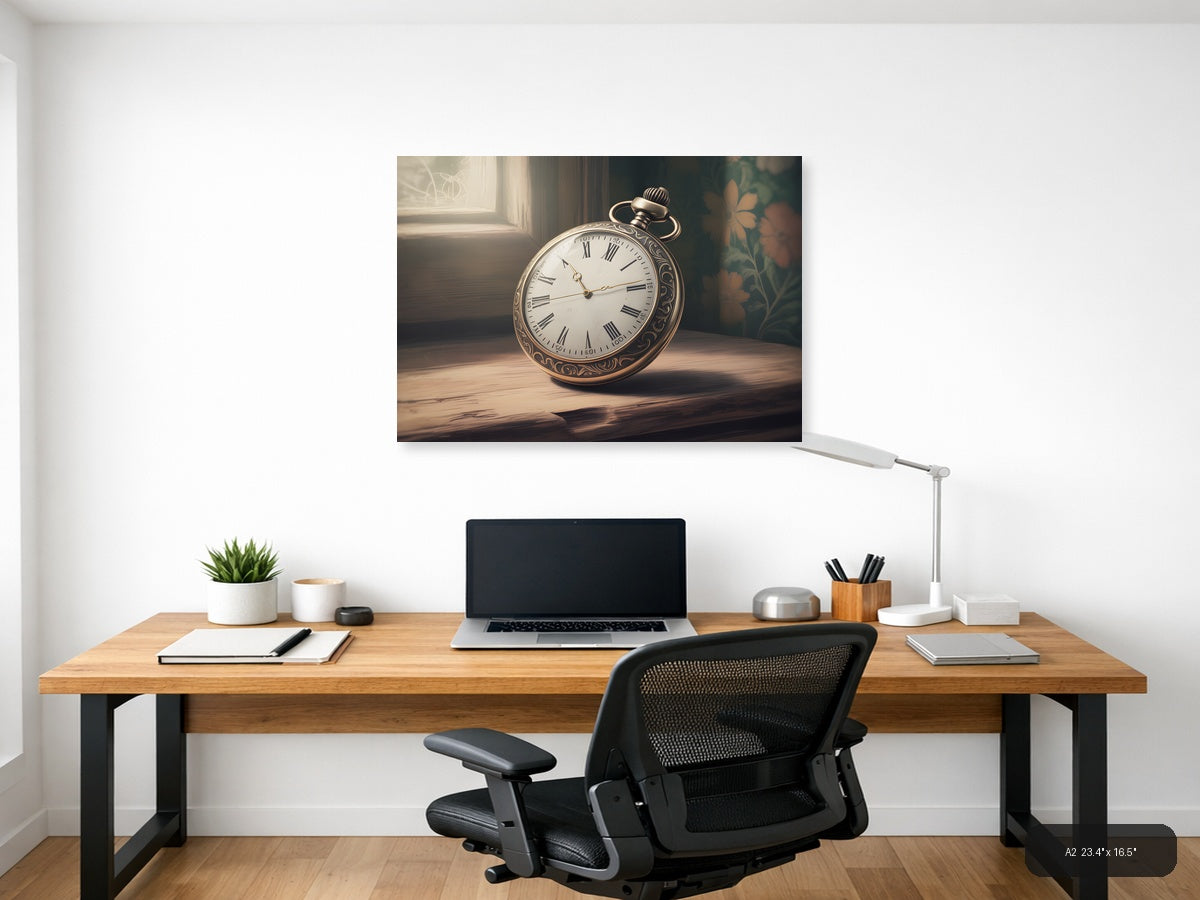 Vintage Pocket Watch with Roman Numerals Wall Art — A2 / Office