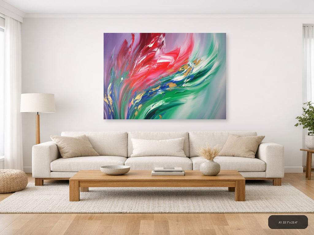 Red & Green Flowing Abstract Brushstroke Modern Wall Art — A1 / Living Room