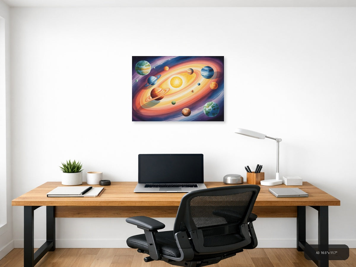 Solar System Planets Watercolor Landscape Wall Art — A3 / Office
