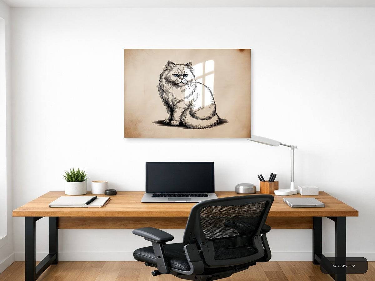 Fluffy Persian Cat Line Art Portrait Wall Art — A2 / Office