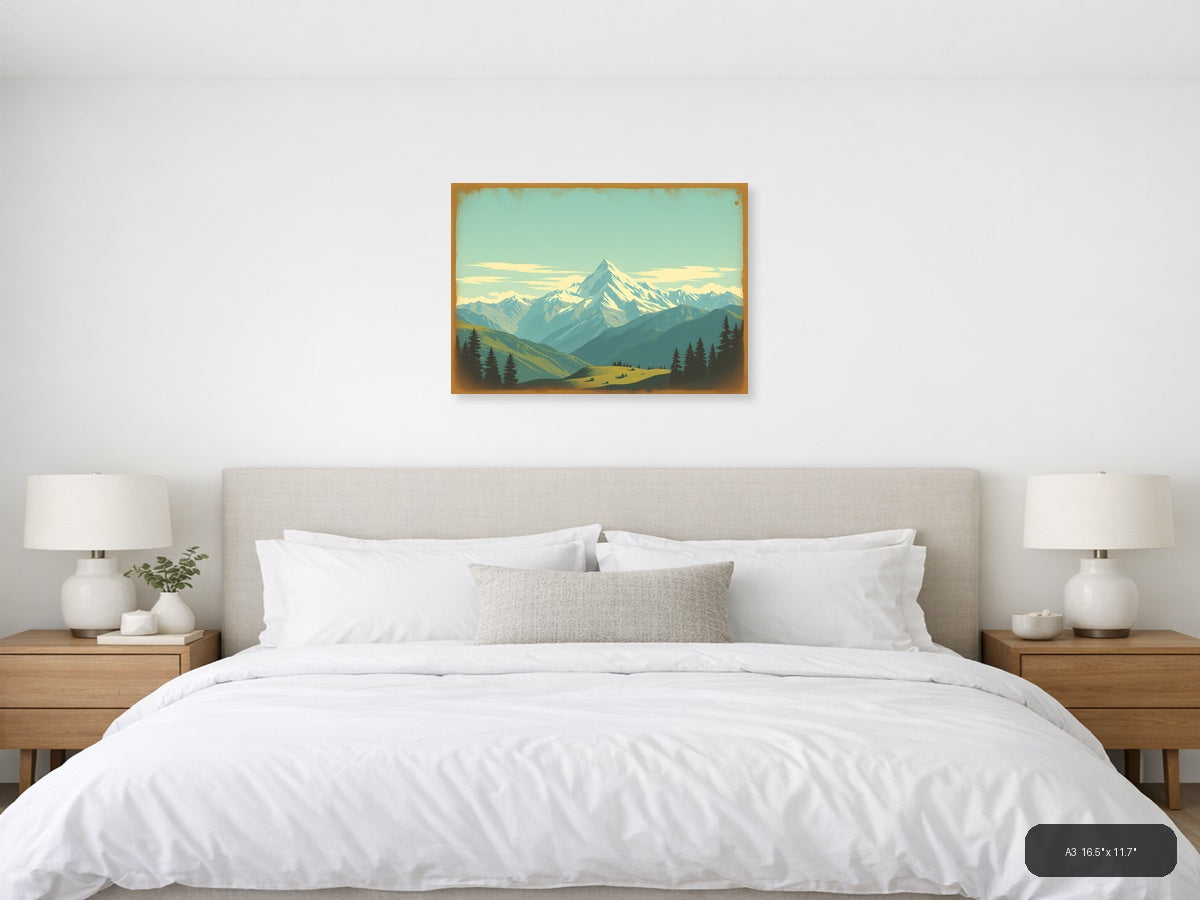 Vintage Alpine Mountain Landscape with Snow Peaks Wall Art — A3 / Bedroom