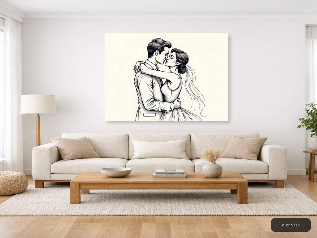 Romantic Couple Embracing Line Art Wall Art — A1 / Living Room