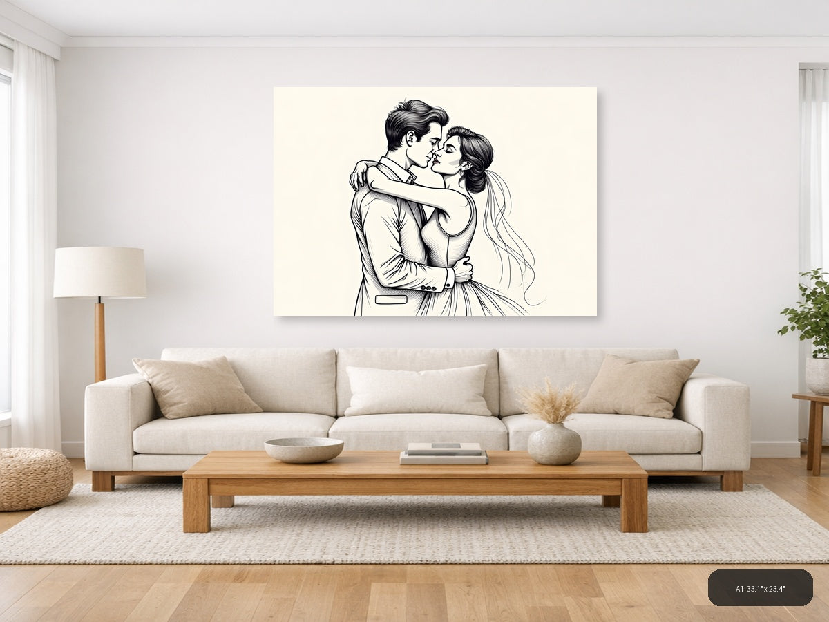 Romantic Couple Embracing Line Art Wall Art — A1 / Living Room