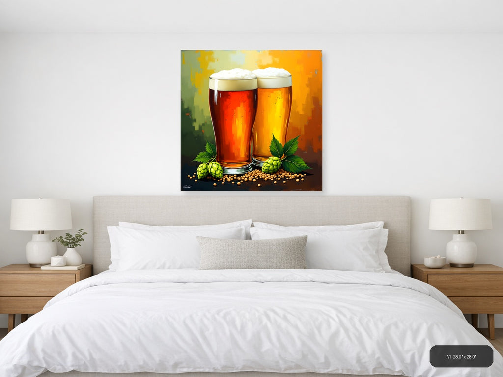 Two Beer Glasses with Hops Abstract Wall Art — A1 / Bedroom