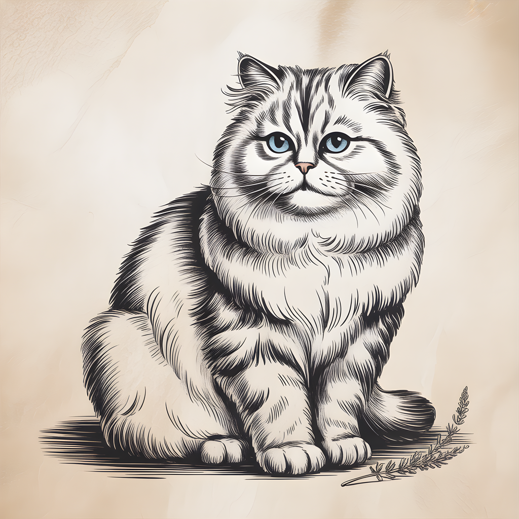 Fluffy Cat with Blue Eyes Line Art Wall Art