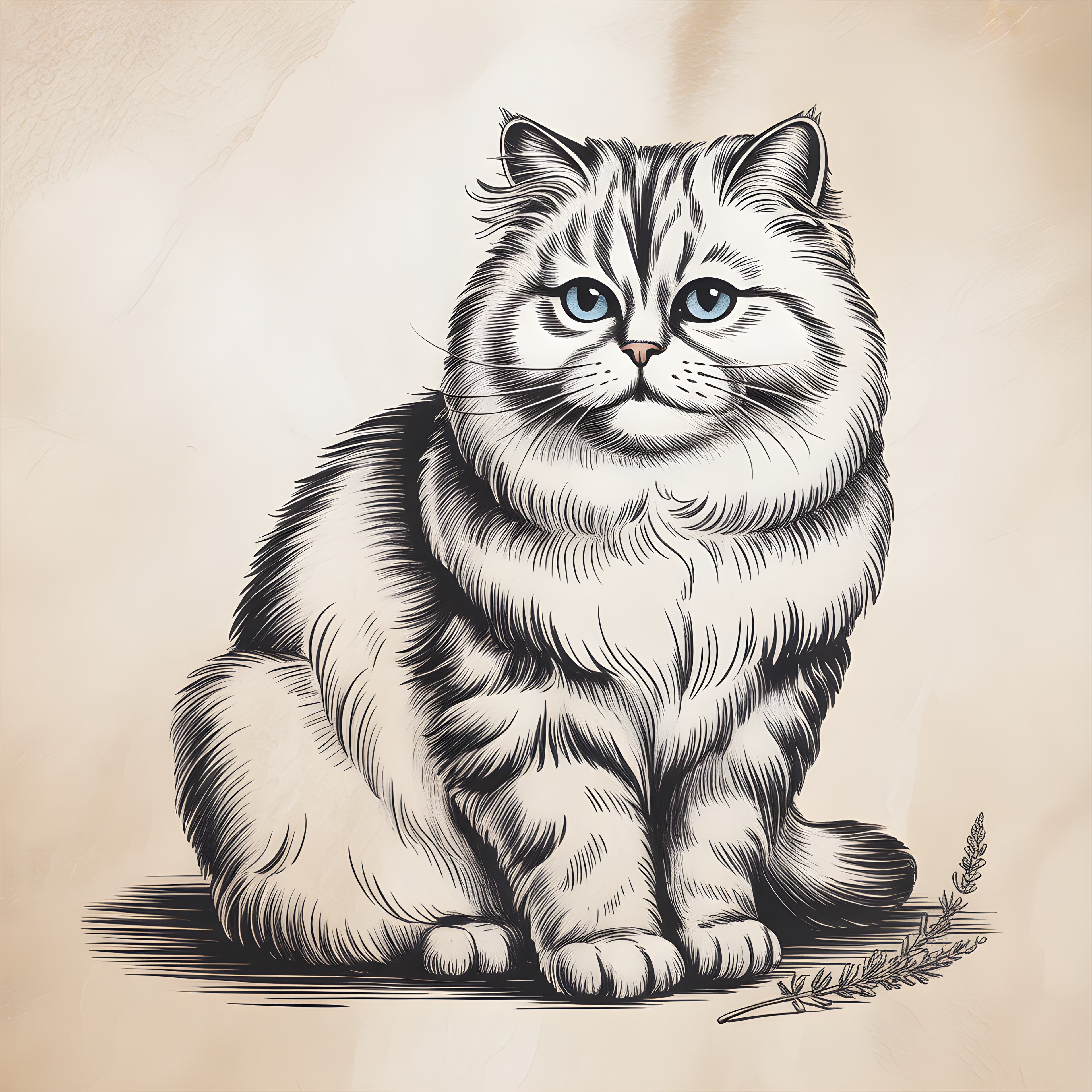 Fluffy Cat with Blue Eyes Line Art Wall Art