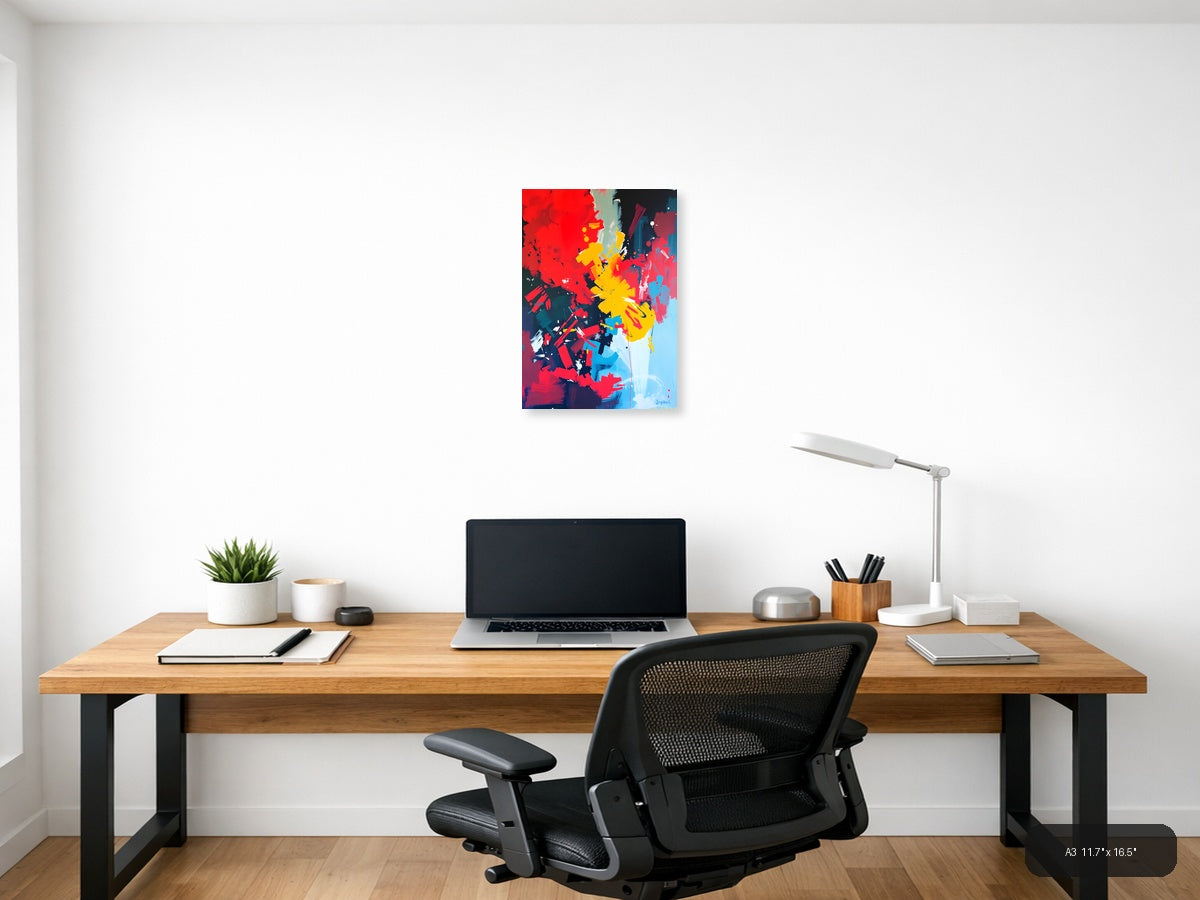 Bold Abstract Explosion Red Yellow Blue Wall Art — A3 / Office