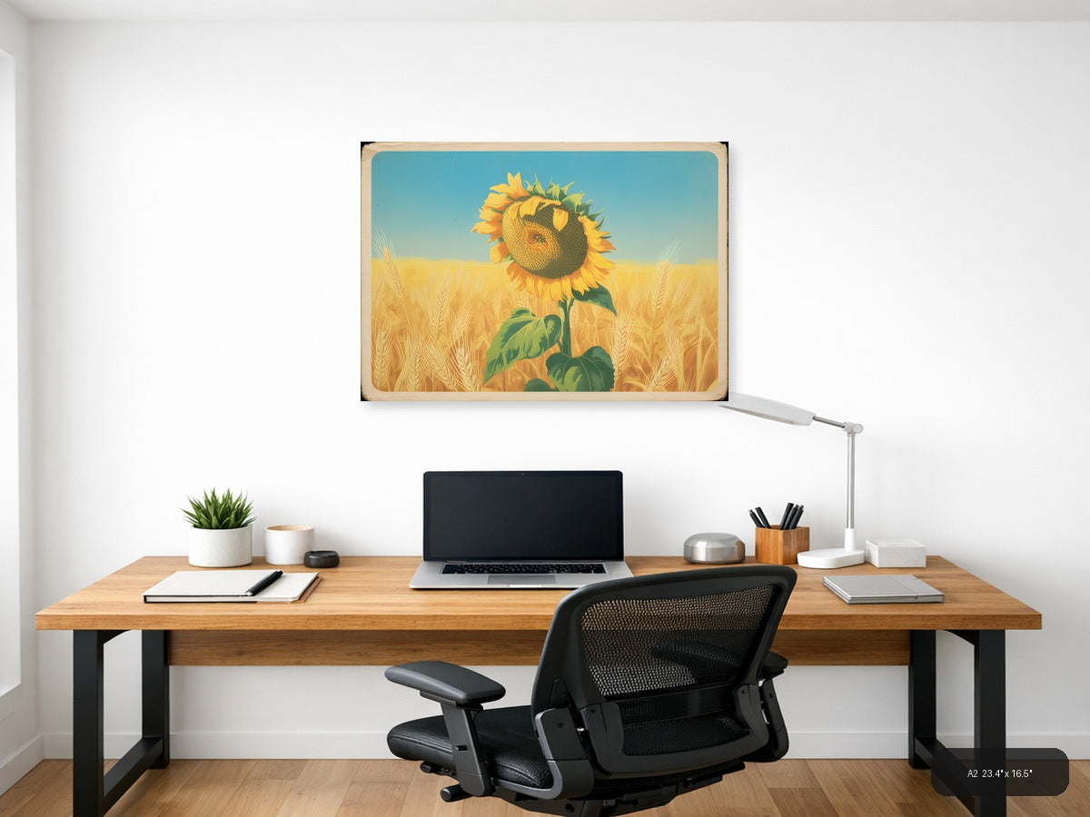 Vintage Sunflower in Wheat Field Landscape Wall Art — A2 / Office