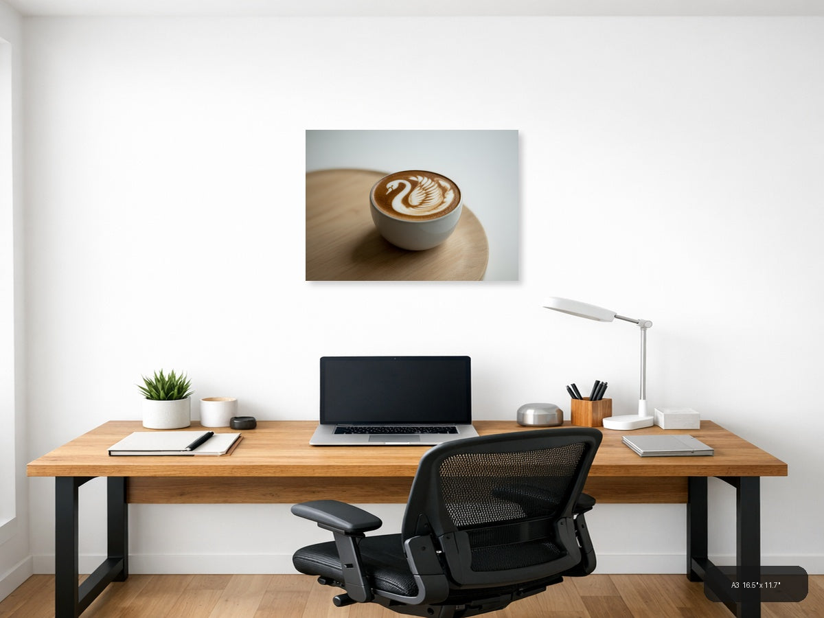 Minimalist Swan Latte Art Coffee Wall Art — A3 / Office