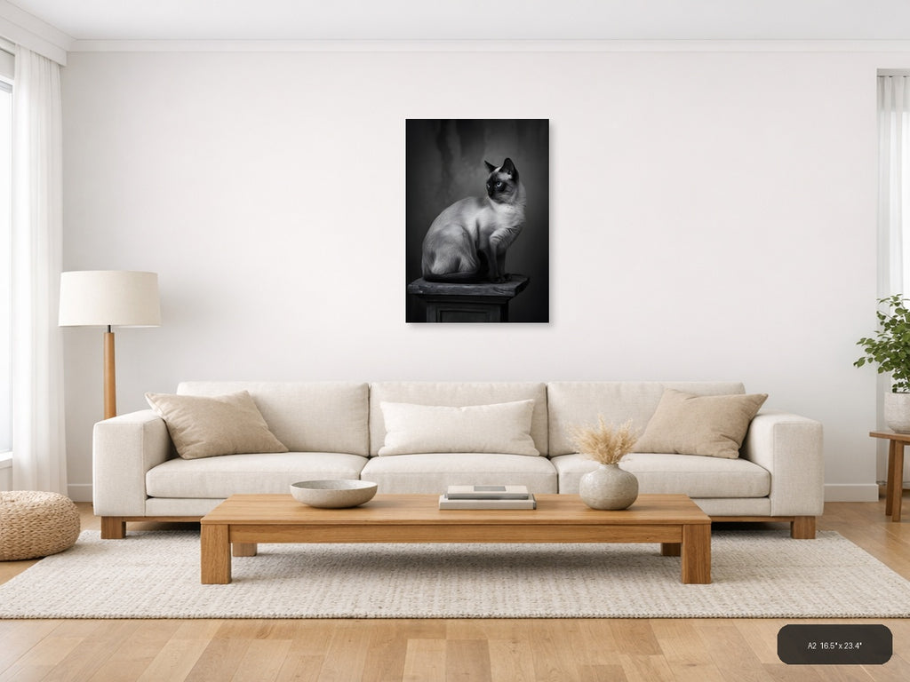 Siamese Cat Portrait Black and White Photography Wall Art — A2 / Living Room